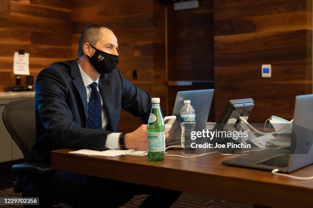 Arturas Karnisovas of the Chicago Bulls behind the scenes at the Bulls Draft Team Operations Room during the 2020 Virtual NBA Draft on November 18,...