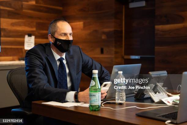 Arturas Karnisovas of the Chicago Bulls behind the scenes at the Bulls Draft Team Operations Room during the 2020 Virtual NBA Draft on November 18,...