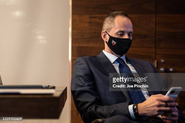 Arturas Karnisovas of the Chicago Bulls behind the scenes at the Bulls Draft Team Operations Room during the 2020 Virtual NBA Draft on November 18,...
