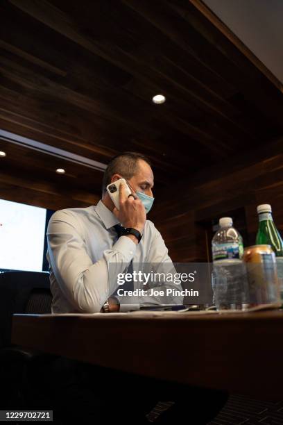 Arturas Karnisovas of the Chicago Bulls behind the scenes at the Bulls Draft Team Operations Room during the 2020 Virtual NBA Draft on November 18,...