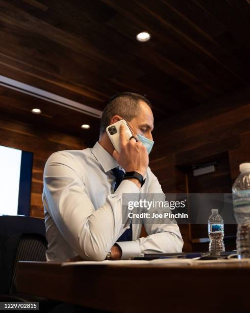 Arturas Karnisovas of the Chicago Bulls behind the scenes at the Bulls Team Operations Room during the 2020 Virtual NBA Draft on November 18, at the...