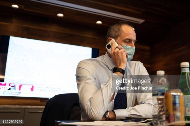 Arturas Karnisovas of the Chicago Bulls behind the scenes at the Bulls Draft Team Operations Room during the 2020 Virtual NBA Draft on November 18,...