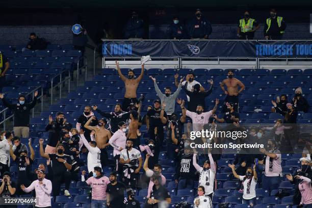 Inter Miami fans cheer during an MLS Cup Playoffs Eastern Conference Play-In game between Nashville SC and Inter Miami, November 20, 2020 at Nissan...