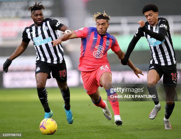Chelsea's English defender Reece James vies with Newcastle United's French midfielder Allan Saint-Maximin and Newcastle United's English-born...