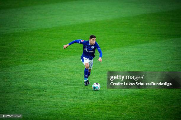 Amine Harit of Schalke in action during the Bundesliga match between FC Schalke 04 and VfL Wolfsburg at Veltins-Arena on November 21, 2020 in...