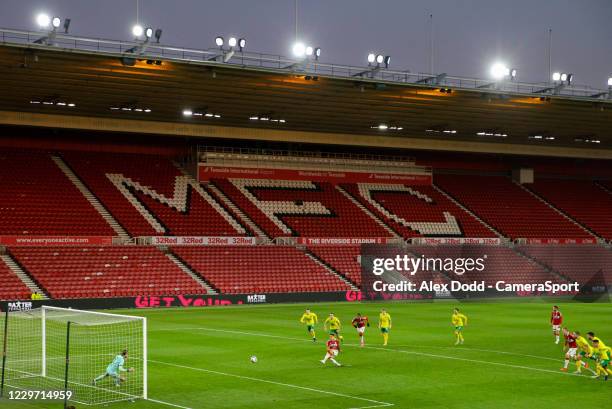 Middlesbrough's Marcus Tavernier scores from the penalty spot, only for it to be disallowed for a double touch during the Sky Bet Championship match...