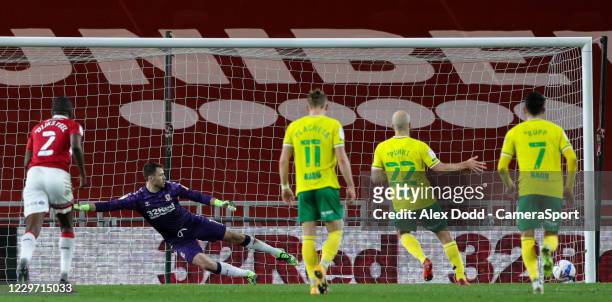Norwich City's Teemu Pukki scores the opening goal from the penalty spot during the Sky Bet Championship match between Middlesbrough and Norwich City...