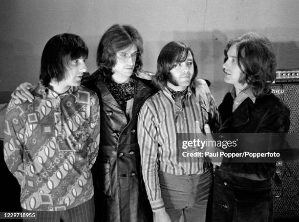 British rock band The Kinks Mick Avory, Ray Davies, John Dalton and Dave Davies, circa 1970.