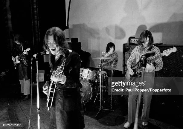 British rock band The Kinks Ray Davies, Dave Davies, Mick Avory and John Dalton performing circa 1970.