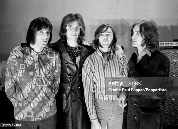 British rock band The Kinks Mick Avory, Ray Davies, John Dalton and Dave Davies, circa 1970.
