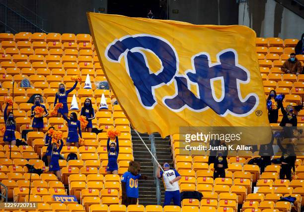 Pitt cheerleader waves a flag during the game against the Virginia Tech Hokies at Heinz Field on November 21, 2020 in Pittsburgh, Pennsylvania.