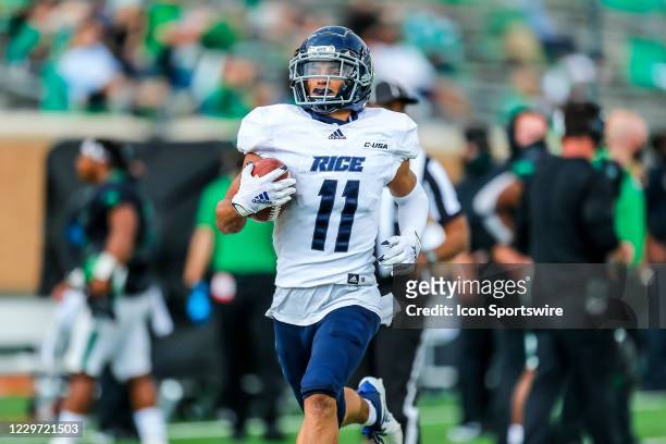 Rice Owls wide receiver Jake Bailey returns a punt for a touchdown but it gets called back during the game between the North Texas Mean Green and the...
