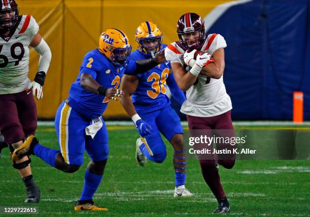 Drake DeIuliis of the Virginia Tech Hokies runs after a catch against David Green of the Pittsburgh Panthers at Heinz Field on November 21, 2020 in...