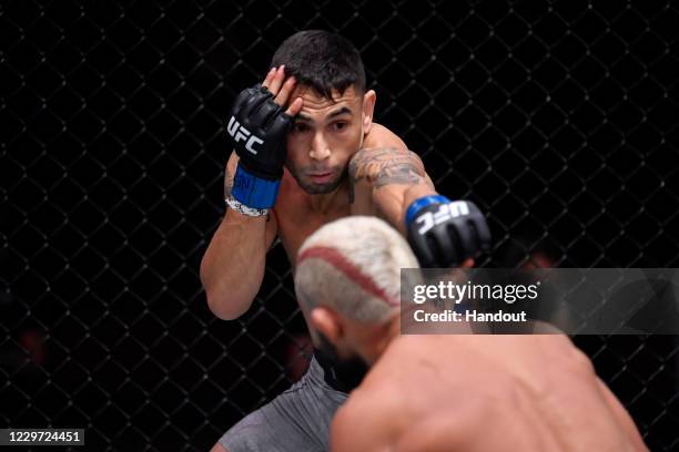 In this handout image provided by UFC, Alex Perez punches Deiveson Figueiredo of Brazil in their flyweight championship bout during the UFC 255 event...