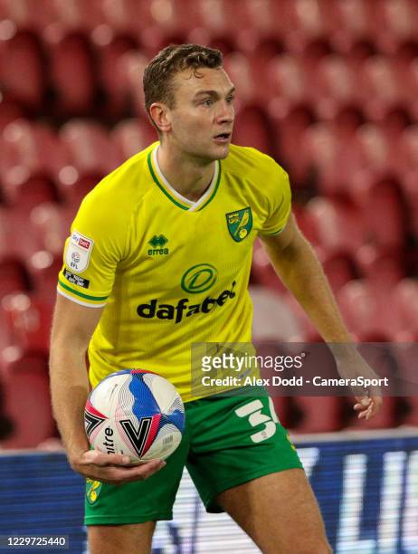 Norwich City's Ben Gibson during the Sky Bet Championship match between Middlesbrough and Norwich City at Riverside Stadium on November 21, 2020 in...