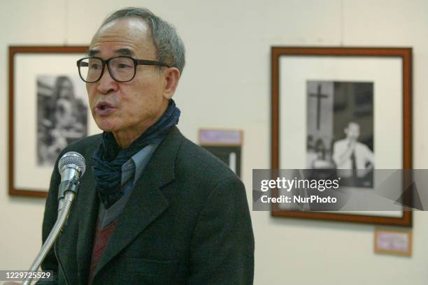 Poet Ko-Un attend with funaral address at Human right activist, Priest Moon Ik Hwan memorial event in Seoul, South Korea on January 18, 2005. Ko Un...