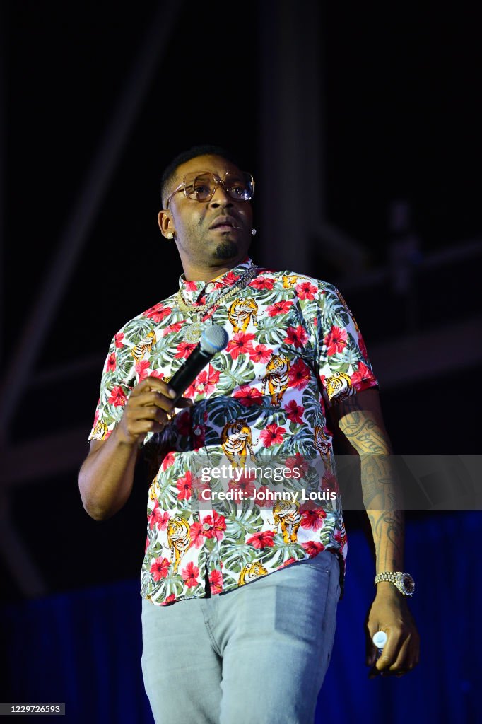 Majah Hype Comedian Majah Hype performs on stage at a live socially distanced