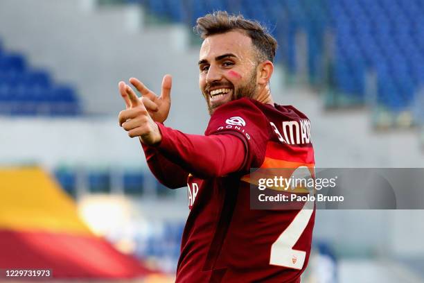 Borja Mayoral of AS Roma celebrates after scoring the opening goal during the Serie A match between AS Roma and Parma Calcio at Stadio Olimpico on...