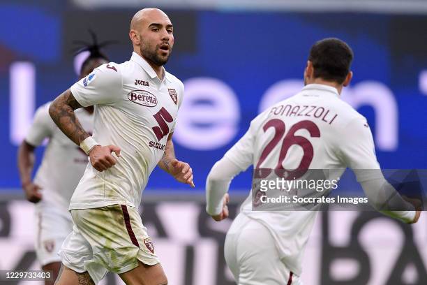Simone Zaza of Torino celebrates 0-1 with Federico Bonazzoli of Torino during the Italian Serie A match between Internazionale v Torino at the San...