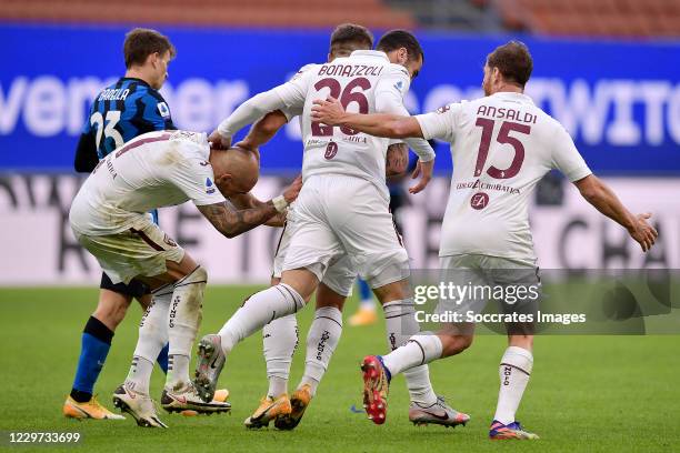 Simone Zaza of Torino celebrates 0-1 with Federico Bonazzoli of Torino, Cristian Ansaldi of Torino during the Italian Serie A match between...