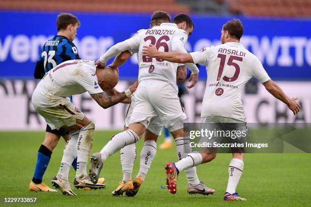 Simone Zaza of Torino celebrates 0-1 with Federico Bonazzoli of Torino, Cristian Ansaldi of Torino during the Italian Serie A match between...