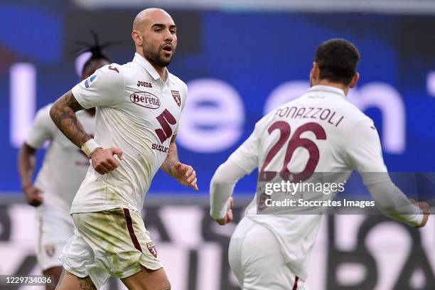 Simone Zaza of Torino celebrates 0-1 with Federico Bonazzoli of Torino during the Italian Serie A match between Internazionale v Torino at the San...