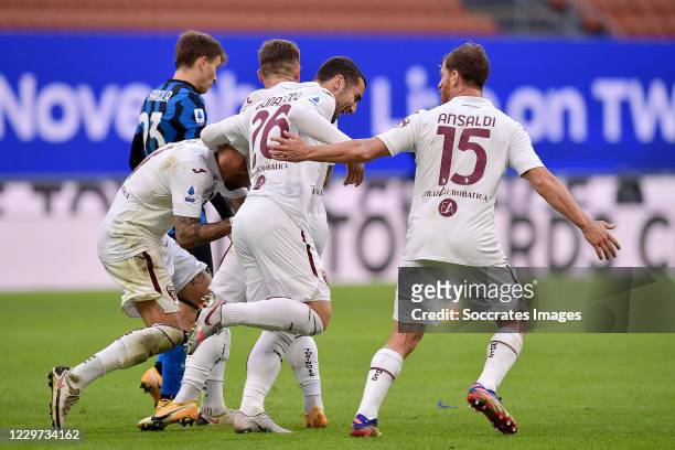 Simone Zaza of Torino celebrates 0-1 with Federico Bonazzoli of Torino, Cristian Ansaldi of Torino during the Italian Serie A match between...