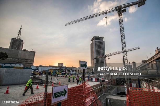 This picture taken on November 22, 2020 shows a view of ongoing construction work at the Maspero station of the Cairo Metro's third line during the...