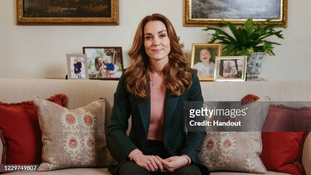 In this handout video still supplied by Kensington Palace, Catherine, Duchess of Cambridge reveals that she will be announcing the results of her...
