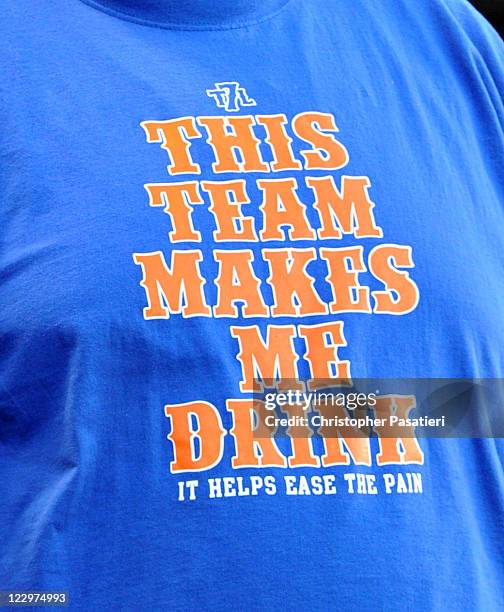 Close up of the logo on the shirt of Chris Smith of Jersey City, NJ, as he waits for the second game of a single admission double header between the...