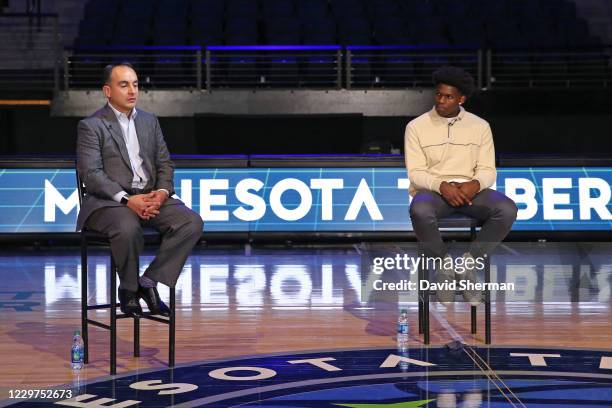 President of Basketball Operations, Gersson Rosas, introduces Anthony Edwards to the media during a virtual press conference on November 20, 2020 at...
