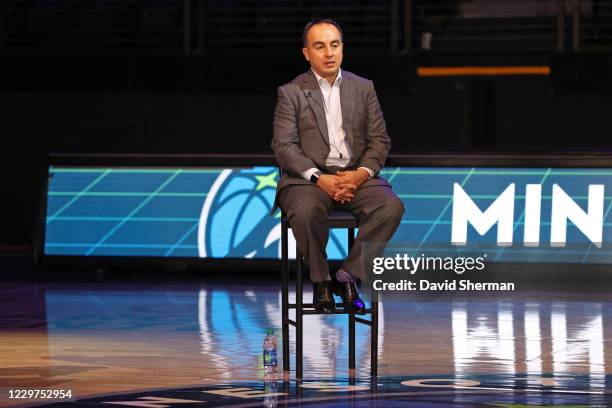 President of Basketball Operations, Gersson Rosas, introduces Anthony Edwards to the media during a virtual press conference on November 20, 2020 at...