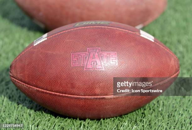 The Arkansas State Red Wolves logo is adorned on a ball prior to start of Sun Belt Conference game featuring the Texas State Bobcats and the Arkansas...