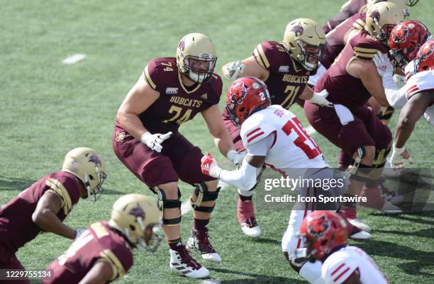 Texas State Bobcats linemen Russell Baker and Tate Heitmeier drop back to block during Sun Belt Conference game featuring the Texas State Bobcats and...