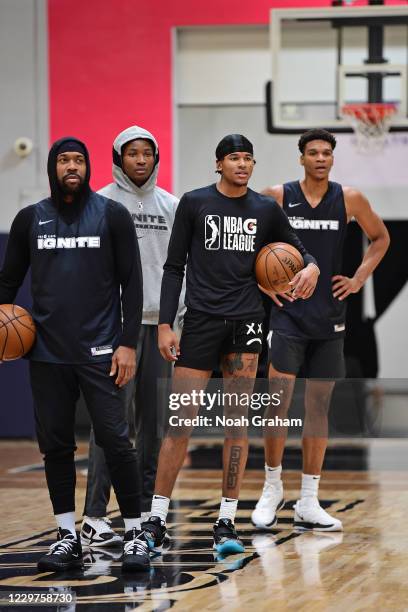 Bobby Brown, Jonathan Kuminga, Jalen Green and Isaiah Todd of Team Ignite look on during an NBA G League Practice and Scrimmage on November 22, 2020...