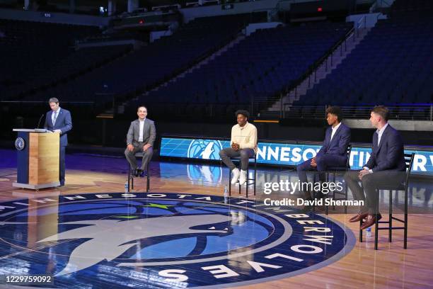 President of Basketball Operations Gersson Rosas and Head Coach Ryan Saunders introduce Jaden McDaniels and Anthony Edwards, draft picks of the...