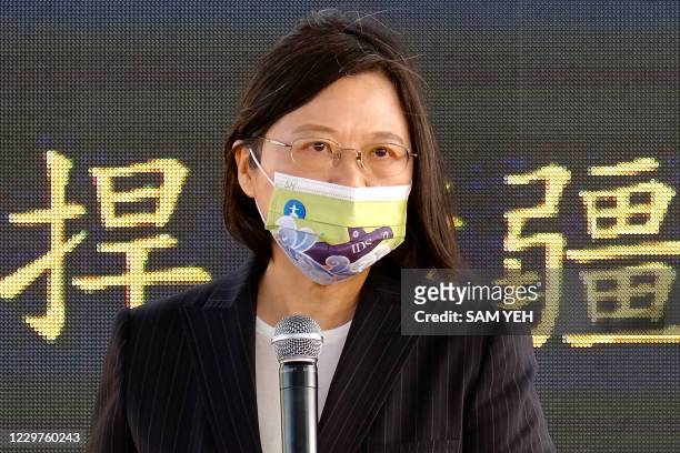 Taiwan's President Tsai Ing-wen speaks during a ceremony about the production of domestic-made submarines at a CSBC shipyard in Kaohsiung on November...
