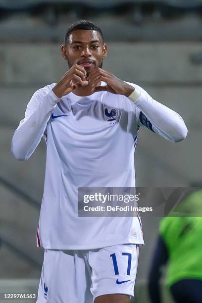 Jeff Reine-Adelaide of France U21 celebrates after scoring his team's fourth goal during the UEFA Euro Under 21 Qualifier match between Liechtenstein...
