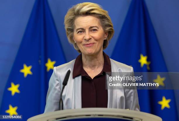 European Commission President Ursula von der Leyen delivers a statement at EU headquarters in Brussels on November 24, 2020. - The European...
