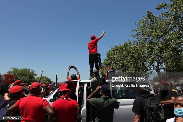 Members of the EFF during the Economic Freedom Fighters Mass Protest at Brackenfell High School on November 20, 2020 in Brackenfell, South Africa....