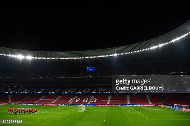 Lokomotiv Moscow's players attend a training session at the Wanda Metropolitano Stadium in Madrid on November 24, 2020 on the eve of the UEFA...