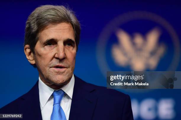 Special Presidential Envoy for Climate John Kerry speaks after being introduced by President-elect Joe Biden as he introduces key foreign policy and...