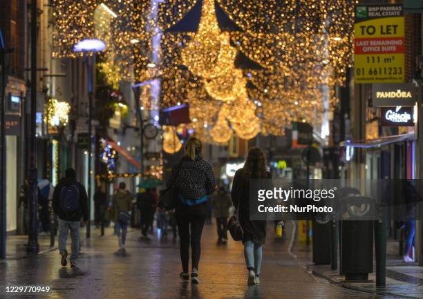 View of Christmas lights and decorations on Grafton Street during the level 5 lockdown. On Tuesday, November 24 in Dublin, Ireland.