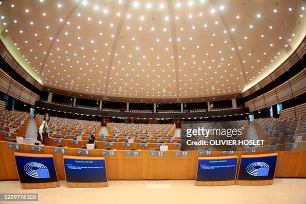 General view of hemicycle ahead to debate on next EU council and last Brexit devlopement during a plenary session at the European Parliament in...