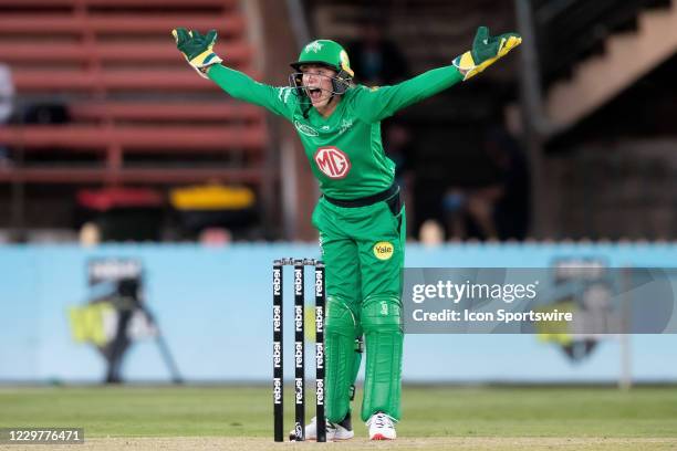 Nicole Faltum of the Melbourne Stars appeals successfully as Sophie Devine of the Perth Scorchers is out lbw bowled Alana King of the Melbourne Stars...