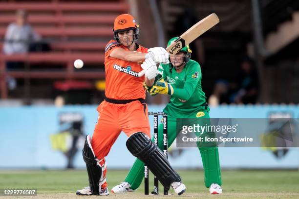 Sophie Devine of the Perth Scorchers plays a shot during the Women's Big Bash League semi final cricket match between Melbourne Stars and Perth...