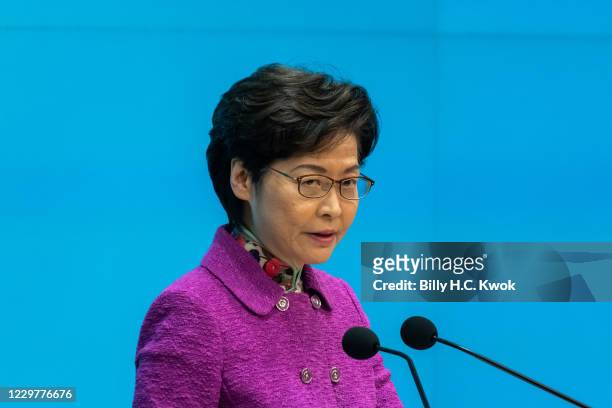 Carrie Lam, Hong Kong's chief executive, speaks during a news conference on November 25, 2020 in Hong Kong, China. Lam delivered her remarks against...