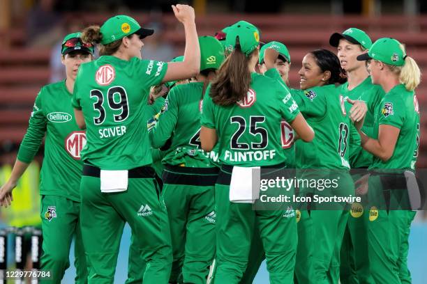 Melbourne Stars celebrates the wicket of Sophie Devine of the Perth Scorchers during the Women's Big Bash League semi final cricket match between...