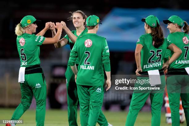 Nat Sciver of the Melbourne Stars celebrates taking a wicket during the Women's Big Bash League semi final cricket match between Melbourne Stars and...