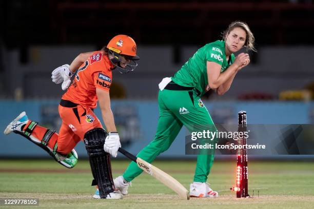 Nicole Bolton of the Perth Scorchers is run out Alana King of the Melbourne Stars during the Women's Big Bash League semi final cricket match between...